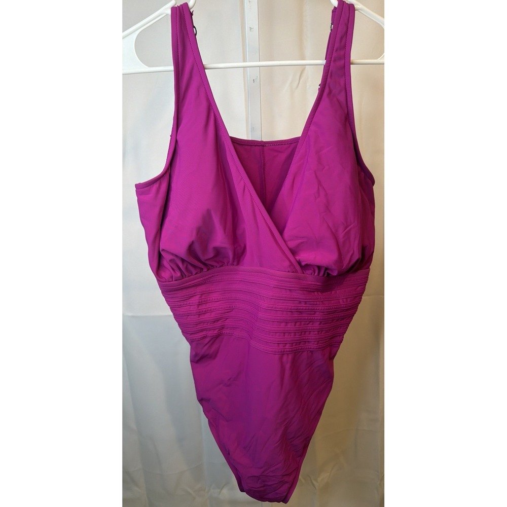 Aqua Green Full Coverage Swimsuit Sz 20 Dark Pink Fuchsia Wrap V Neck Ruched